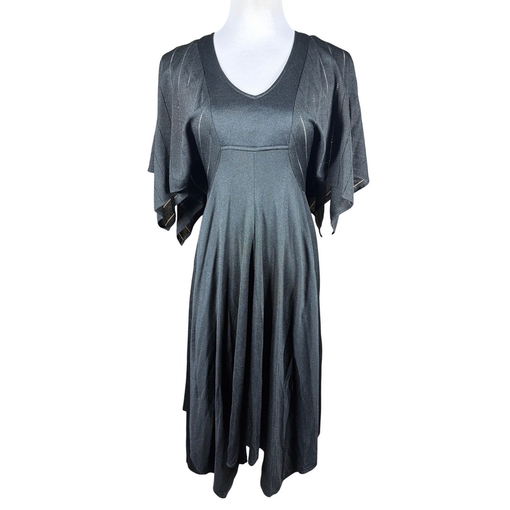 Rainbow of California VTG Black Flutter Sleeve Midi Dress V-Neck Empire Waist